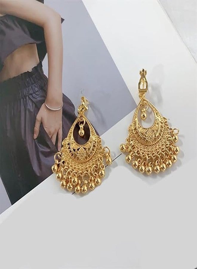 Cykdohy Vintage Indian Jhumka Jhumki Statement Clip On Earring Boho Ethnic for Women Bollywood Traditional Gypsy Bohemian Gold-tone Small Balls Tassel Dangle Drop Festival Holiday Party Non Pierced Ears Jewelry - Image 3